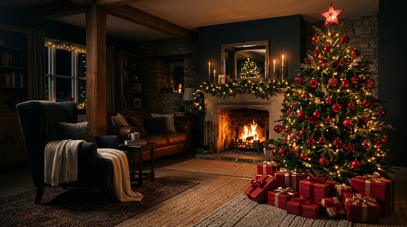 A cozy living room at Christmas with a decorated tree, red ornaments, warm lights and wrapped gifts by the fireplace